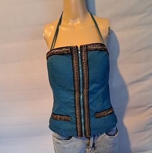 Front zip club bodice top with gold embroidery